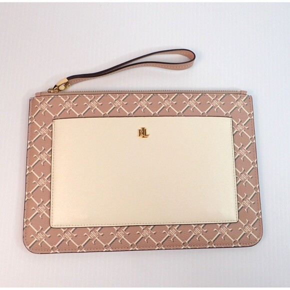 Lauren Ralph Lauren Saffiano Leather Logo Wristlet Pink Vanilla Gold - Picture 1 of 10